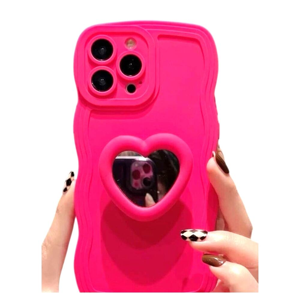 Hot Pink Apple iPhone 14 Plus 15 Plus Case Heart Mirror Kawaii Barbiecore Glam